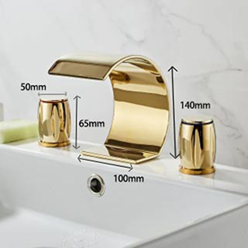 Widespread Bathroom Sink Mixer Faucet, Waterfall Arc Spout Brass 3 Hole 2 Handle Basin Tap Deck Mounted, Washroom Basin Vessel Water Tap with Hot and Cold Hose2