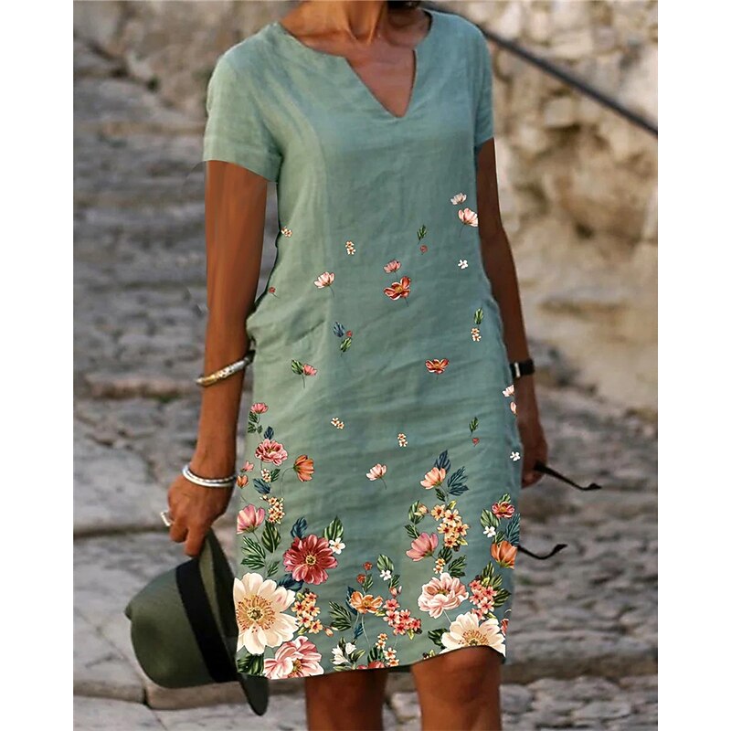 Women's Midi Dress Casual Dress Shift Dress White Green Gray Short Sleeve Flower Print Spring Summer V Neck Basic Daily Vacation Weekend2