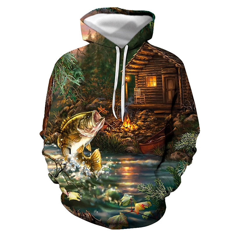 Men's Graphic Fish Hoodie Hoodies Sweatshirt Streetwear Casual Long Sleeve Hooded Casual Daily Blue Brown Print Spring &  Fall Designer3