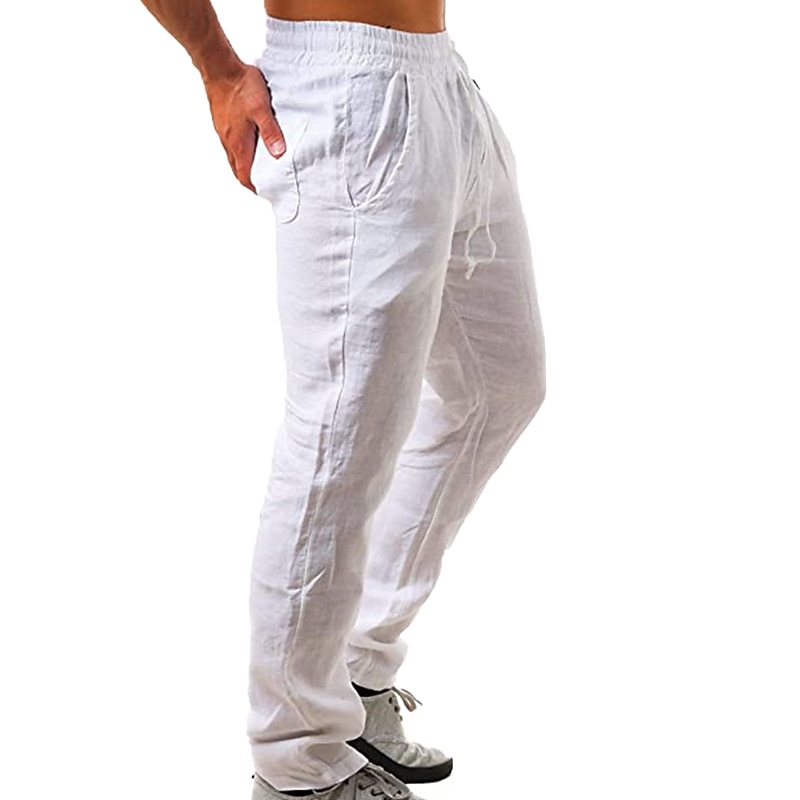 Men's Linen Pants Trousers Summer Pants Beach Pants Drawstring Plain Comfort Breathable Full Length Yoga Casual Weekend Streetwear Slim Black White Micro-elastic3