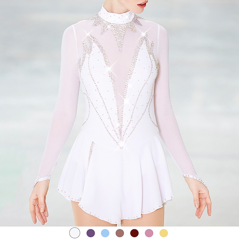 Figure Skating Dress Women's Girls' Ice Skating Dress Outfits Light Yellow White Pink Open Back Mesh Spandex High Elasticity Competition Skating Wear Handmade Ice Skating Figure Skating