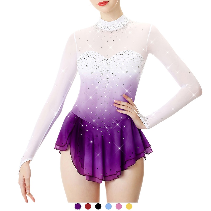 Figure Skating Dress Women's Girls' Ice Skating Dress Outfits Yan pink Golden yellow Violet Halo Dyeing Spandex Stretch Yarn Lace High Elasticity Professional Competition Skating Wear Handmade Fashion