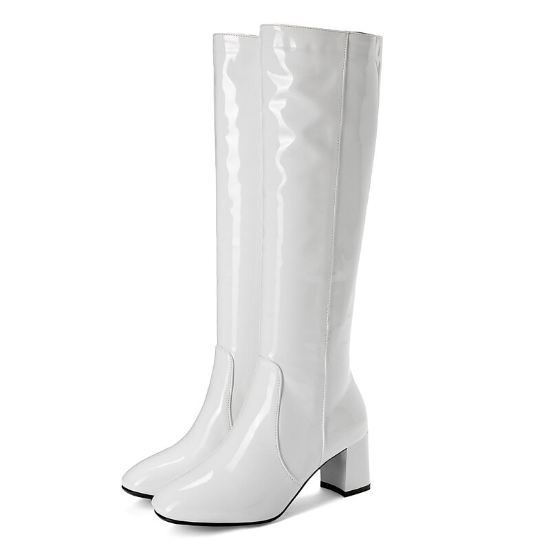 Women's White Knee-High Boots with Block Heel - Sleek Zip-Up Design for Winter Fashion4