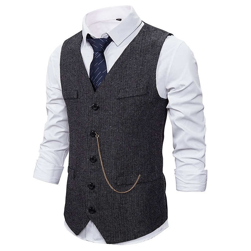 Men's Vest Waistcoat Wedding Daily Sporty 1920s Fall Pocket Polyester Thermal Warm Solid Color Single Breasted V Neck Regular Fit Black Coffee Gray Vest2