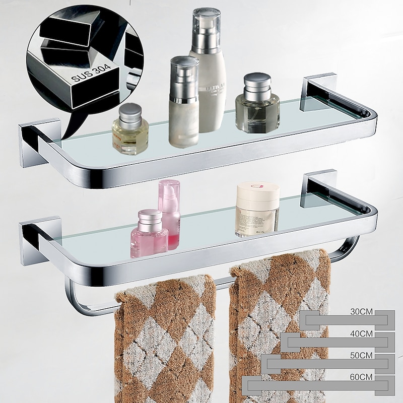 Shower Caddy 8mm Tempered Glass Toilet Shelf Bathroom Cosmetics Toiletries Storage Layer Shelf Thickened 304 Stainless Steel Mirror Bright Light Color, Various Specifications Are Available