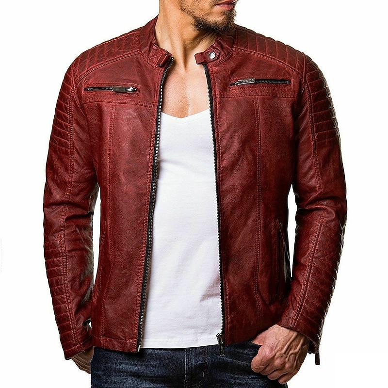 Men's Faux Leather Jacket Transition Jacket Biker Jacket Motorcycle Jacket Outdoor Casual Daily Windproof Warm Adjustable Fall Pure Color Punk Fashion Casual Daily Stand Collar Regular Regular Faux3
