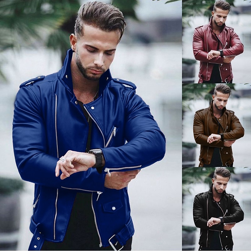 Men's Jacket Faux Leather Jacket Biker Jacket Motorcycle Jacket Business Daily Thermal Warm Windproof Pocket Fall Solid Color Streetwear Business Turndown Short Faux Leather Regular Fit Black Wine4