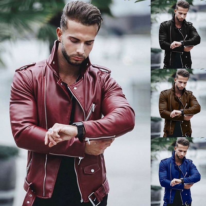 Men's Jacket Faux Leather Jacket Biker Jacket Motorcycle Jacket Business Daily Thermal Warm Windproof Pocket Fall Solid Color Streetwear Business Turndown Short Faux Leather Regular Fit Black Wine3