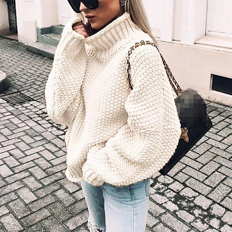 Women's Pullover Sweater Jumper Basic Casual Solid Color Chunky Crochet Turtleneck Knitted Long Sleeve Knit Daily Going out Light Blue Black Fall Winter4