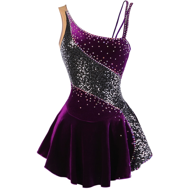 Figure Skating Dress Women's Girls' Ice Skating Dress Outfits Purple Velvet Stretchy Competition Skating Wear Handmade Floral Botanical Fashion Sleeveless Ice Skating Figure Skating