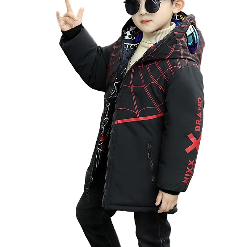 Kids Boys Winter Coat Hoodie Jacket Parka Long Sleeve Cartoon Letter Outwear Zipper Design Spring Fall Active Casual 3-8 Years Cute Blue Silver Red3