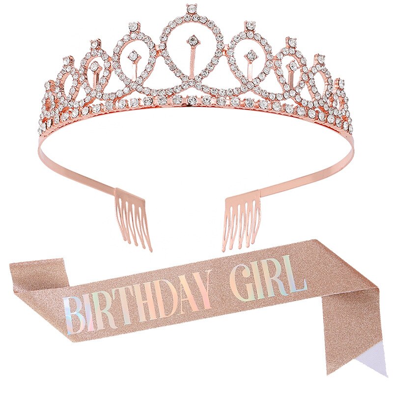 1 Piece Birthday Crown Shoulder Strap Set Gold Pink Belt BIRTHDAY GIRL QUEEN Belt Etiquette Belt Party Supplies