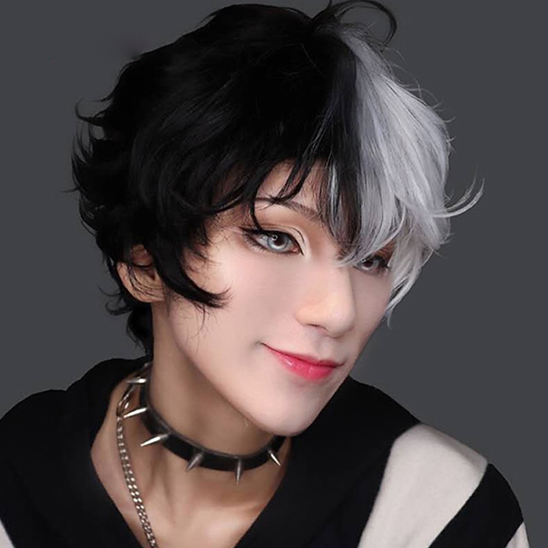 White And Black Wigs For Men Short Wig Black White Split Body Synthetic Wig Belt Bangs Boy Costume Anime Role-Playing Wig Micro Roll Natural Hair