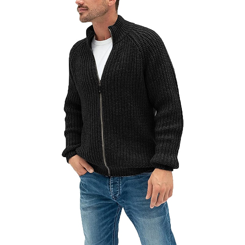Men's Sweater Cardigan Zip Sweater Sweater Jacket Knit Knitted Stand Collar Clothing Apparel Winter Fall Black White M L XL2