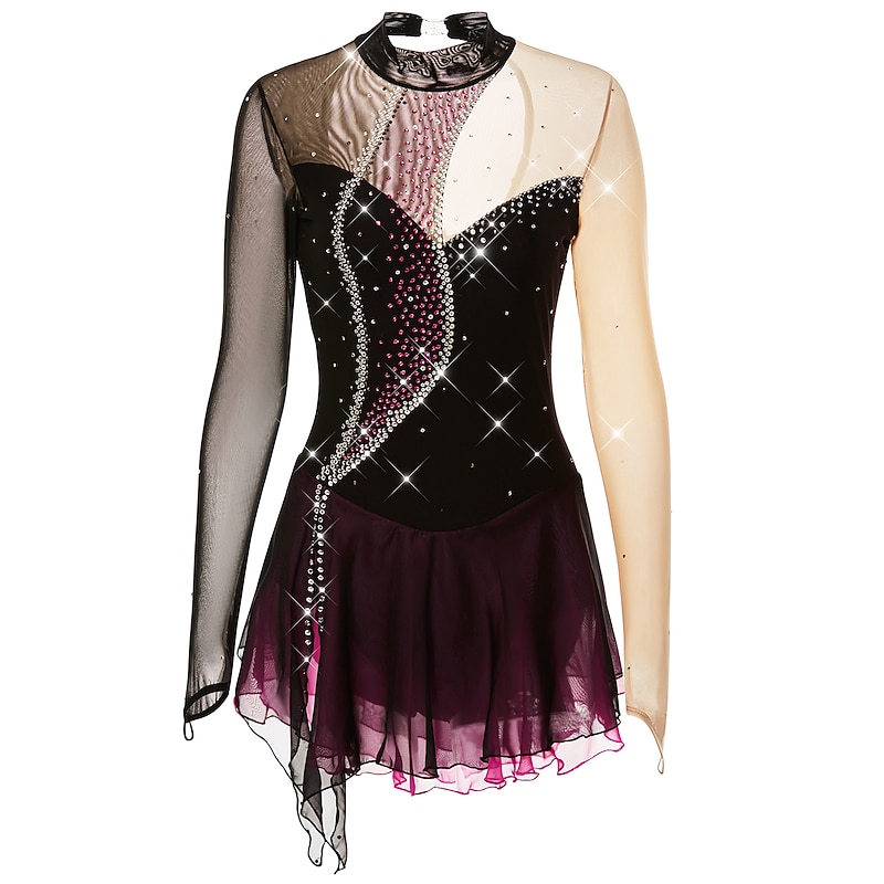 Figure Skating Dress Women's Girls' Ice Skating Dress Outfits Light Purple Dark purple Black and Purple Open Back Mesh Spandex High Elasticity Competition Skating Wear Handmade Crystal / Rhinestone2