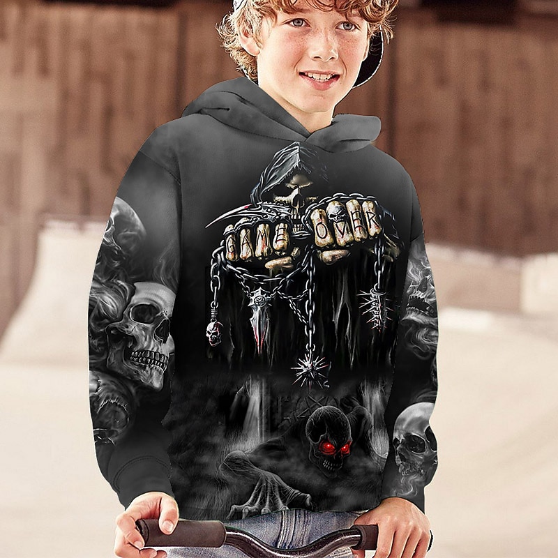Halloween Boys 3D Skull Hoodie Long Sleeve 3D Print Fall Active Polyester Kids 4-12 Years Outdoor Regular Fit