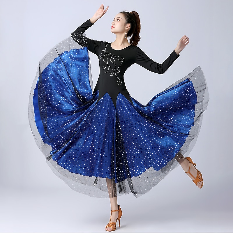 Ballroom Dance Dress Splicing Tulle Women's Training Performance Long Sleeve High Tulle Polyester2