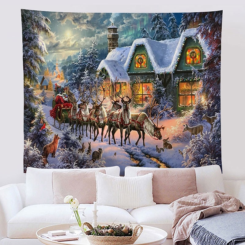 Wall Tapestry Winter Wonderland Reindeer Art Decor Photography Background Hanging Bedroom Living Room Decoration Tree Snowflake Candle Gift Fireplace2