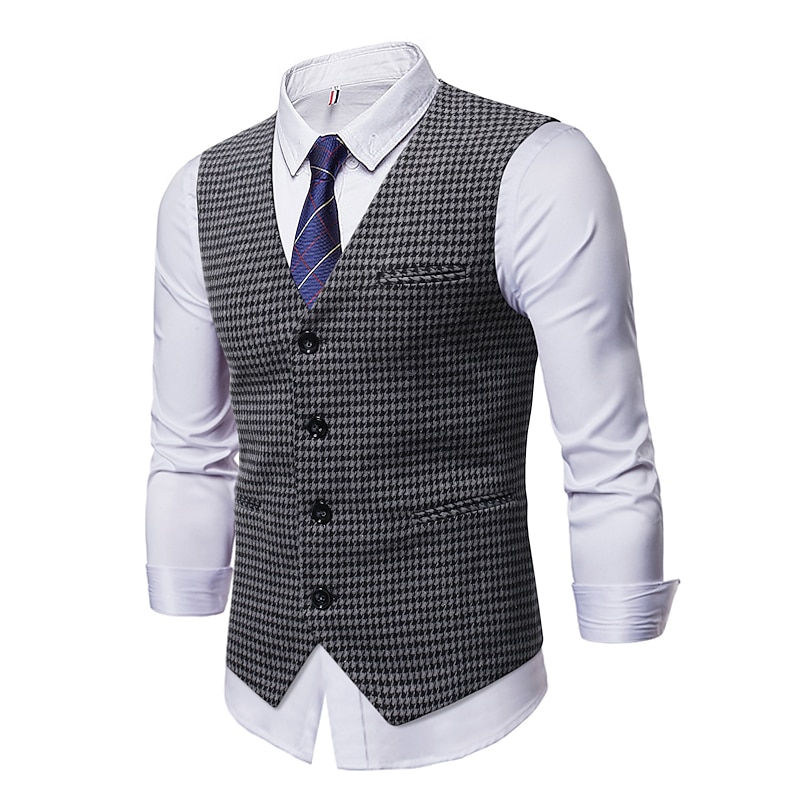 Men's Vest Waistcoat Wedding Daily Streetwear Business Fall Winter Print Polyester Breathable Houndstooth Single Breasted Turndown Regular Fit Black Coffee Vest2