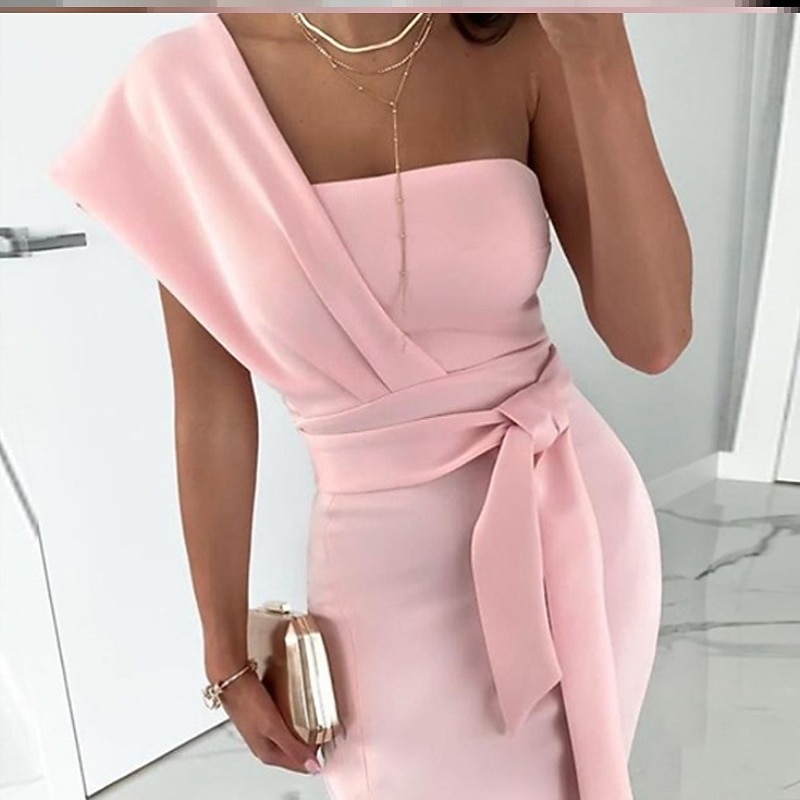 Sheath Cocktail Dresses Elegant Dress Wedding Guest Prom Tea Length Sleeveless One Shoulder Stretch Fabric with Slit Pure Color Strappy Dresses3