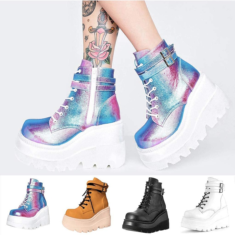 Holographic Platform Wedge Ankle Boots for Women - Trendy and Bold Footwear for Festivals and Parties