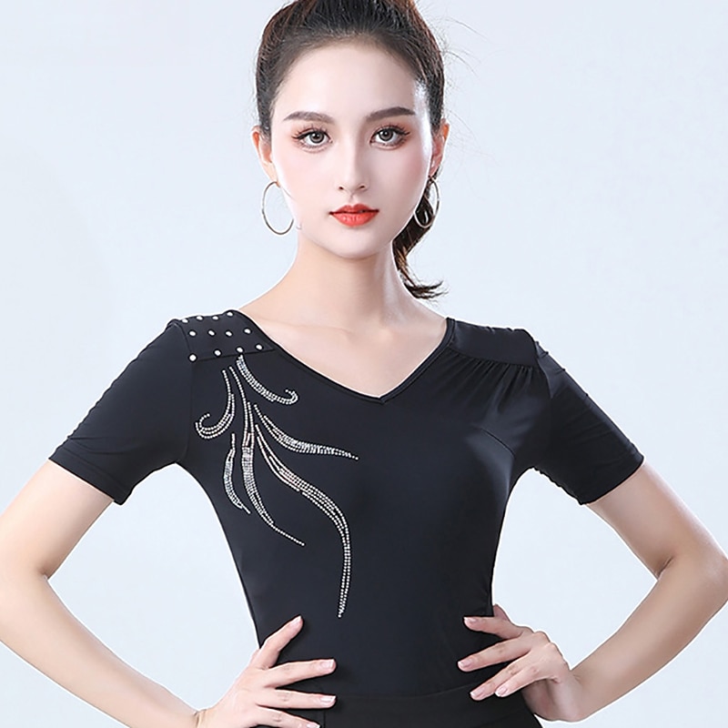 Latin Dance Top Printing Solid Crystals / Rhinestones Women's Training Performance Short Sleeve High Nylon4