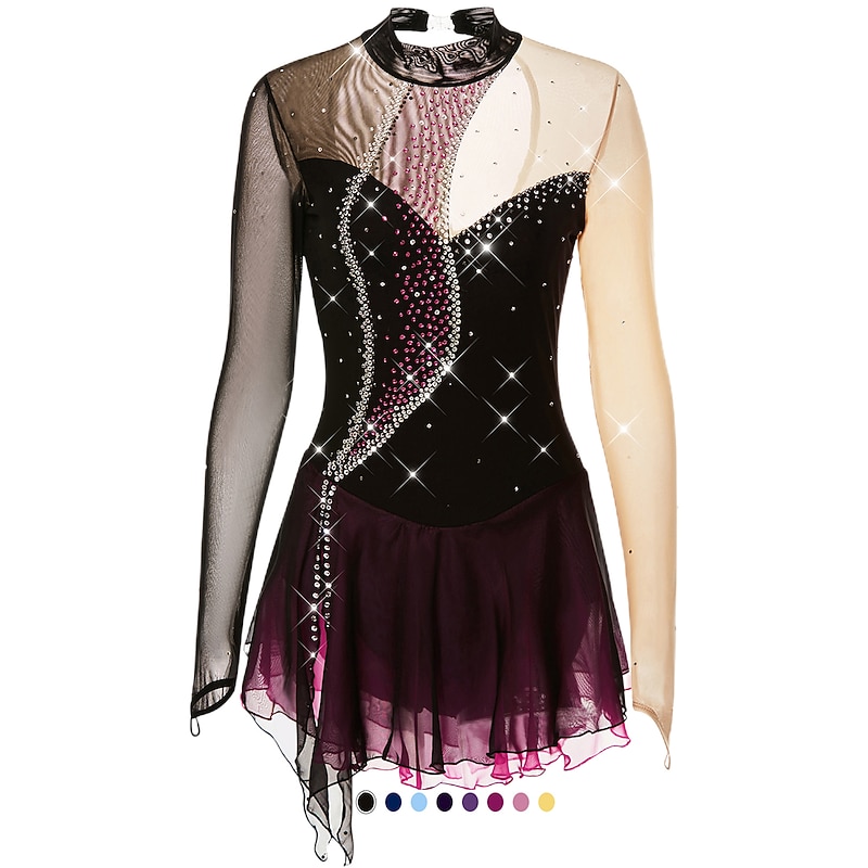 Figure Skating Dress Women's Girls' Ice Skating Dress Outfits Light Purple Dark purple Black and Purple Open Back Mesh Spandex High Elasticity Competition Skating Wear Handmade Crystal / Rhinestone