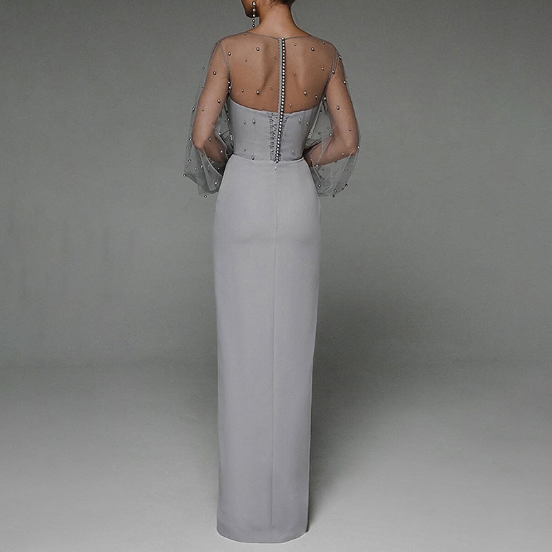 Sheath Evening Gown Elegant Dress Formal Evening Birthday Floor Length Sleeveless Jewel Neck Fall Wedding Guest Stretch Fabric with Beading Splicing3