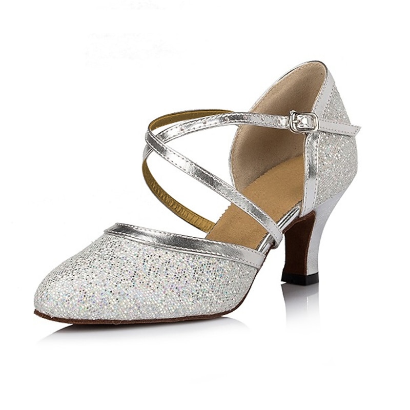 Silver Glitter Dance Shoes with Cross-Strap and Buckle Detail – Comfortable Ballroom and Latin Dance Heels for Women