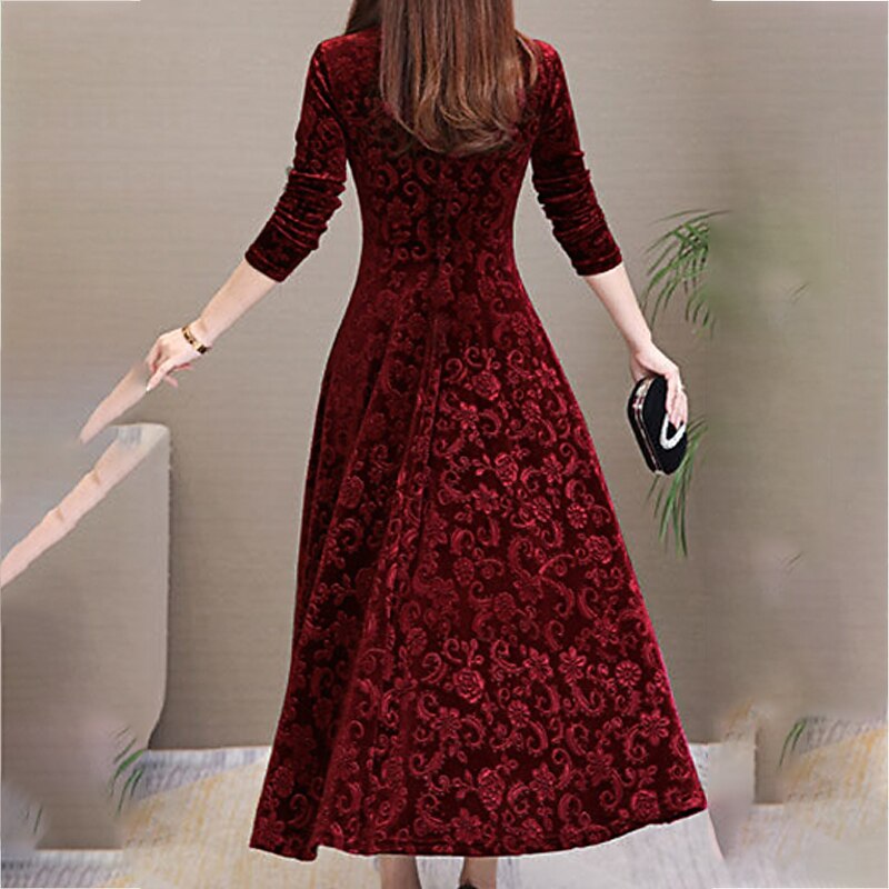 Women's Midi Dress Velvet Dress Party Dress Swing Dress Emerald Green Dress Elegant Fashion Romantic Winter Dress Vacation Wedding Guest Slim Floral Long Sleeve V Neck Black Red Green Spring Fall2