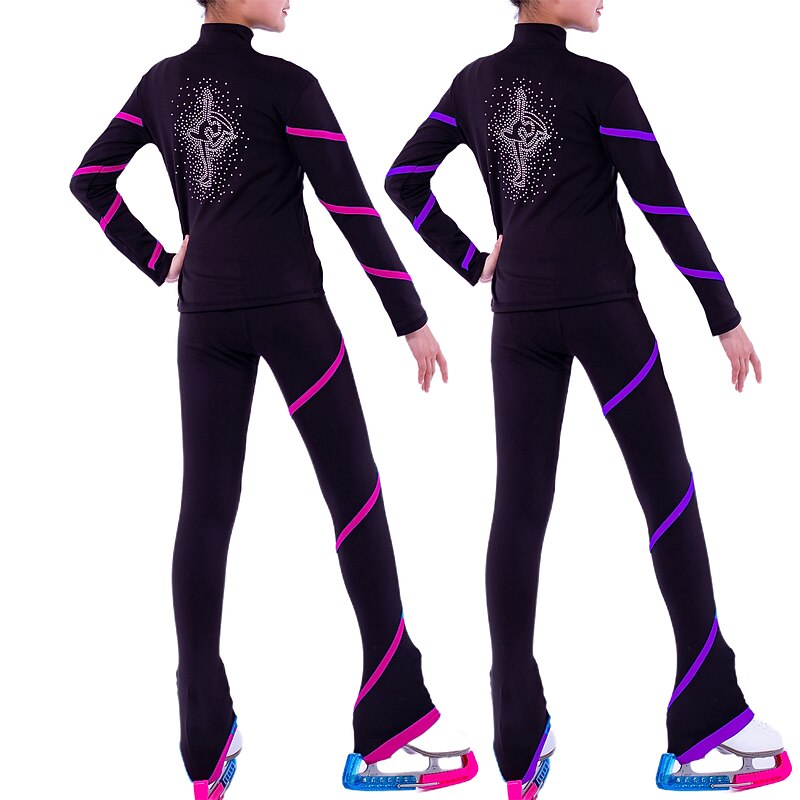Figure Skating Jacket with Pants Girls' Ice Skating Jacket Pants / Trousers Leggings Pink Blue Purple Fleece Spandex High Elasticity Training Practise Competition Skating Wear Thermal Warm Handmade