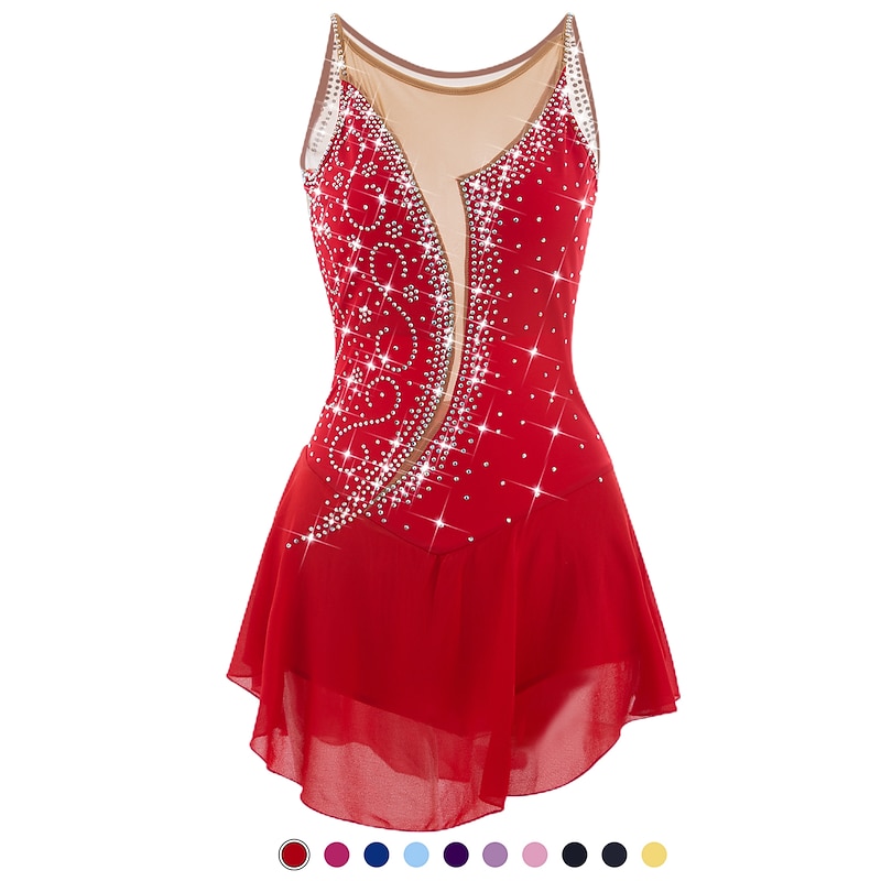 Figure Skating Dress Women's Girls' Ice Skating Dress White Yellow Pink Asymmetric Hem Mesh Spandex High Elasticity Practice Professional Competition Skating Wear Anatomic Design Classic Crystal