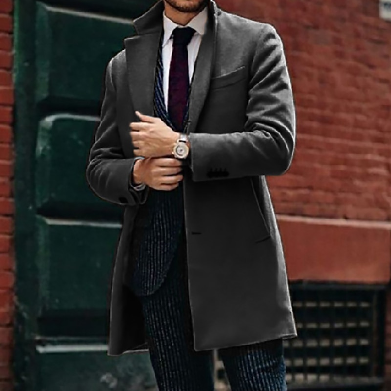 Men's Winter Coat Overcoat Trench Coat Outdoor Business Fall Winter Polyester Warm Outerwear Clothing Apparel Streetwear Casual Solid Color Quilted Notch lapel collar Single Breasted2