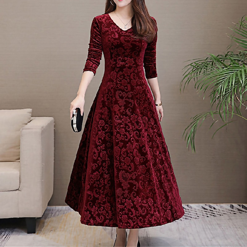 Women's Midi Dress Velvet Dress Party Dress Swing Dress Emerald Green Dress Elegant Fashion Romantic Winter Dress Vacation Wedding Guest Slim Floral Long Sleeve V Neck Black Red Green Spring Fall