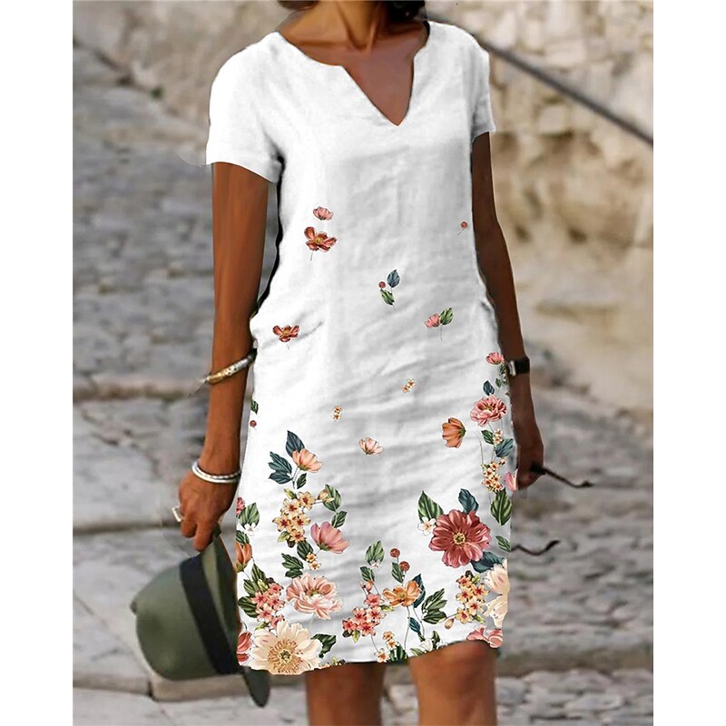 Women's Midi Dress Casual Dress Shift Dress White Green Gray Short Sleeve Flower Print Spring Summer V Neck Basic Daily Vacation Weekend