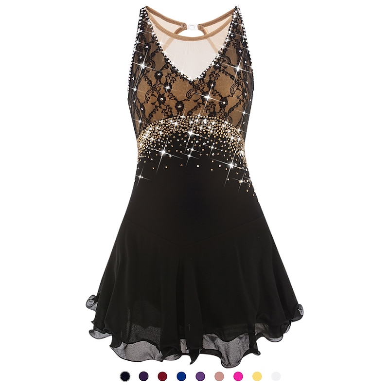 Figure Skating Dress Women's Girls' Ice Skating Dress Dark purple White Yellow Open Back Mesh Spandex Lace High Elasticity Competition Skating Wear Jeweled Rhinestone Sleeveless Ice Skating Figure2