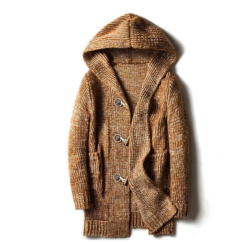 Men's Sweater Cardigan Knit Long Button Stripe Solid Color Hooded Stylish Daily Clothing Apparel Winter Fall Wine Khaki M L XL2