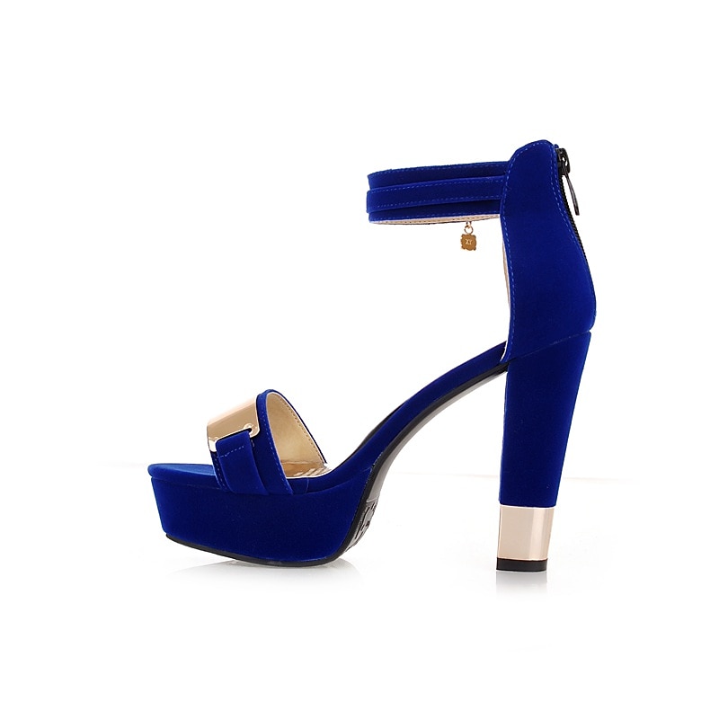 Royal Blue Velvet Platform Sandals with Gold Accents and Ankle Strap – Elegant Women's Party and Evening Shoes3
