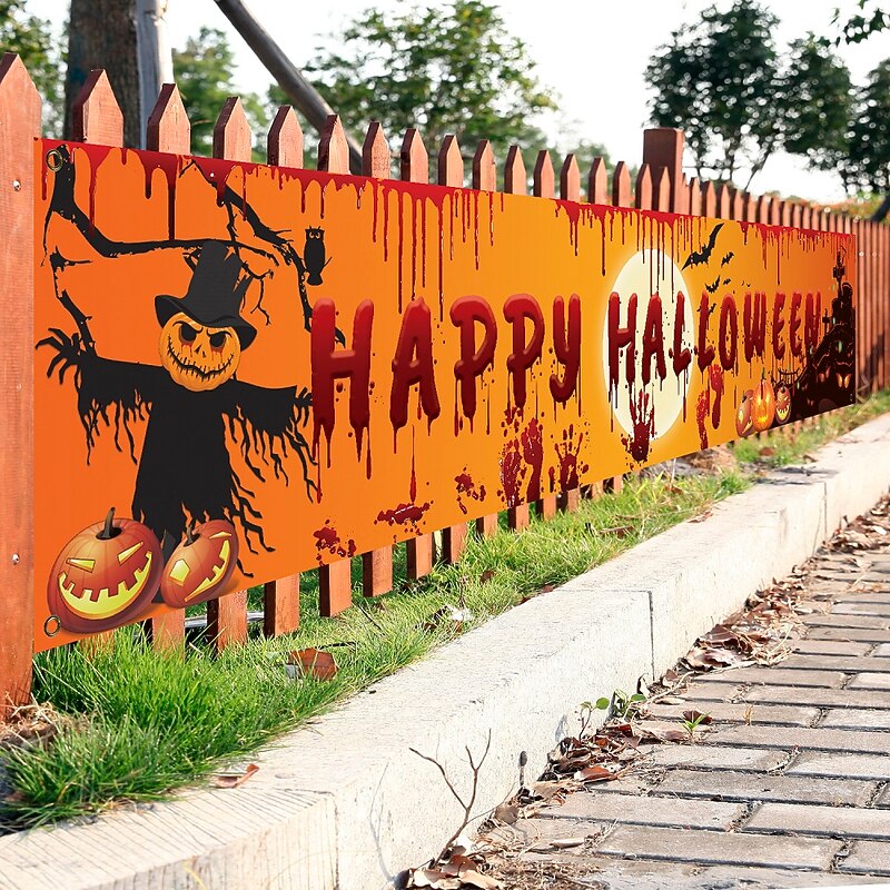 Halloween Bloody Bat Pumpkin Ghost Print Party Backdrop Hanging Banner Halloween Decor(250x49cm/98.4“*19.3“) Halloween Skeleton Decoration