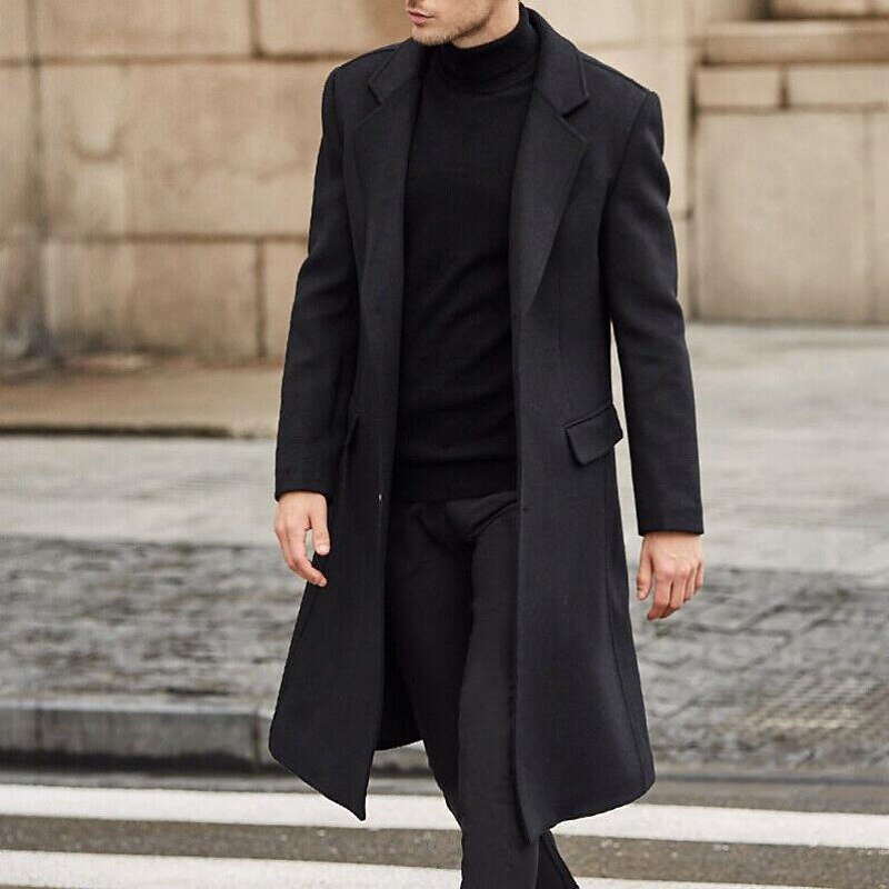 Men's Winter Coat Overcoat Work Business Fall & Winter Solid Colored Notch lapel collar Long Black Khaki Gray Jacket2