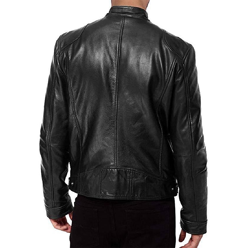 Men's Faux Leather Jacket Transition Jacket Biker Jacket Street Casual Thermal Warm Windproof Zipper Spring Fall Solid Color Pocket Vintage Fashion Stand Collar Regular Faux Leather Slim Fit Silver4