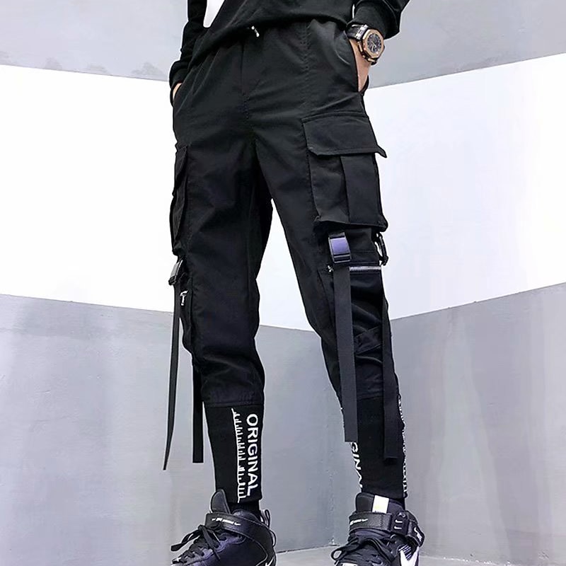 Men's Cargo Pants Cargo Trousers Joggers Trousers Techwear Elastic Waist Classic Multi Pocket Letter Plain Embroidery Comfort Outdoor Full Length Casual Daily Streetwear Stylish Loose Fit Black