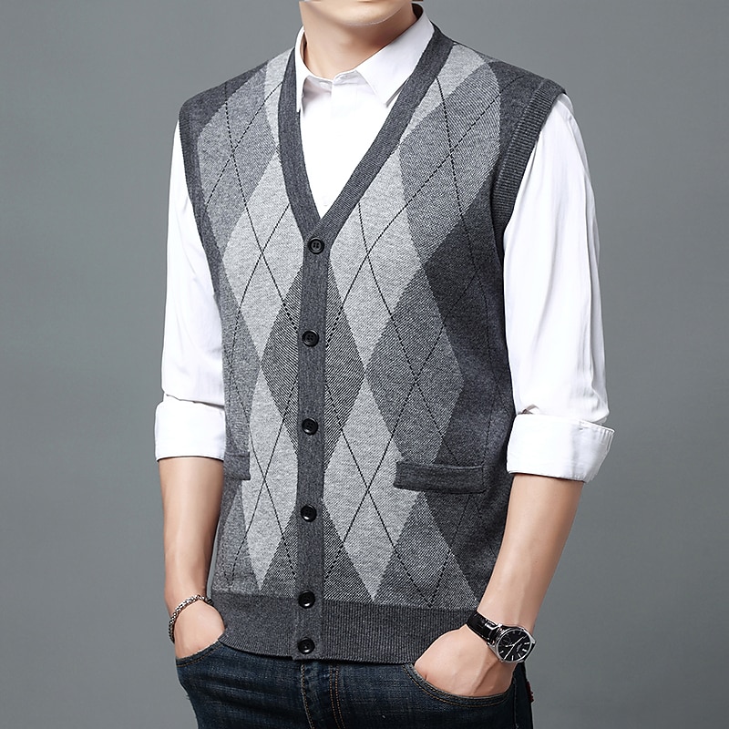 Men's Sweater Vest Dress Sweater Wool Sweater Cardigan Knit Knitted Braided Color Block Halter Neck Vintage Style Daily Weekend Clothing Apparel Fall Winter Wine Navy Blue S M L2