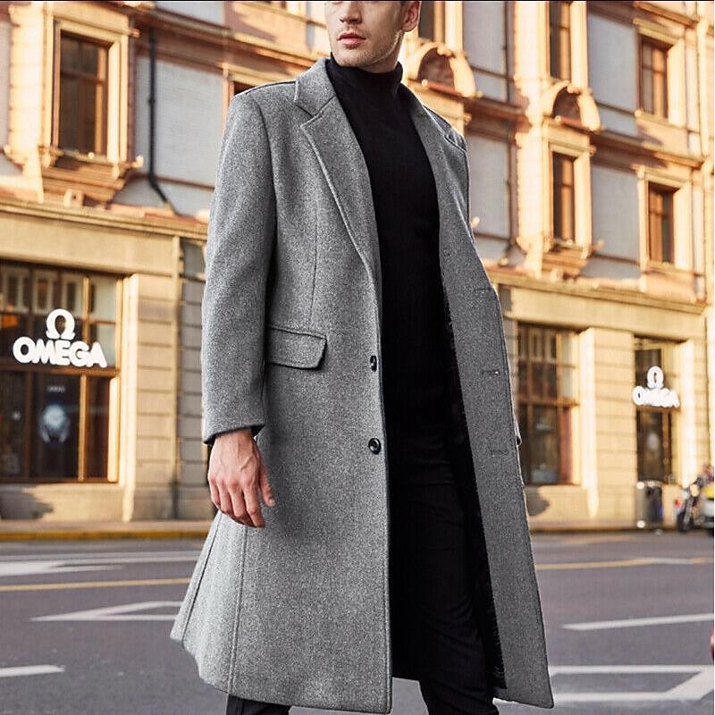 Men's Winter Coat Overcoat Long Trench Coat Outdoor Daily Wear Fall & Winter Polyester Thermal Warm Windbreaker Outerwear Clothing Apparel Fashion Streetwear Plain Lapel Double Breasted3