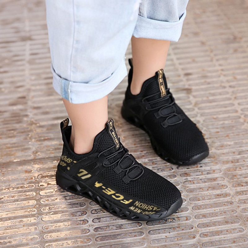 Kids' Black Breathable Mesh Running Sneakers with Lace-Up Design and Bold Letter Print - Comfortable Athletic Shoes for Boys4