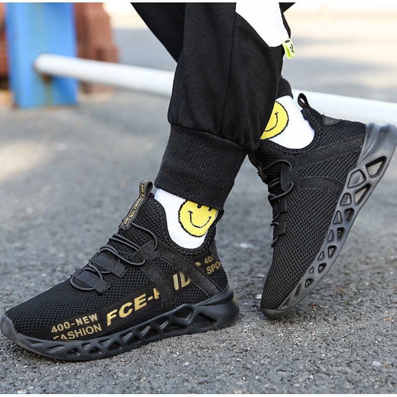 Kids' Black Breathable Mesh Running Sneakers with Lace-Up Design and Bold Letter Print - Comfortable Athletic Shoes for Boys3