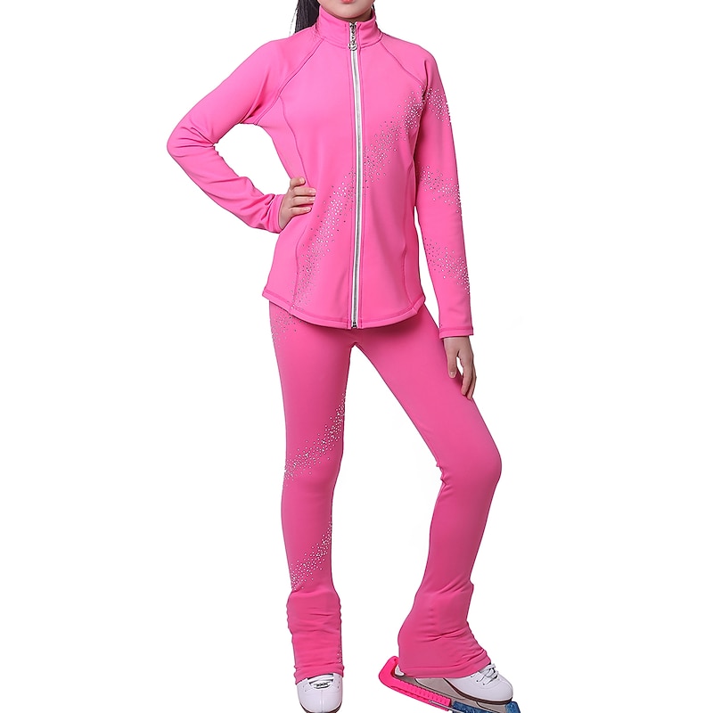 Figure Skating Jacket with Pants Girls' Ice Skating Jacket Pants / Trousers Leggings Black Blue Fuchsia Fleece Spandex High Elasticity Training Practise Competition Skating Wear Thermal Warm Handmade2