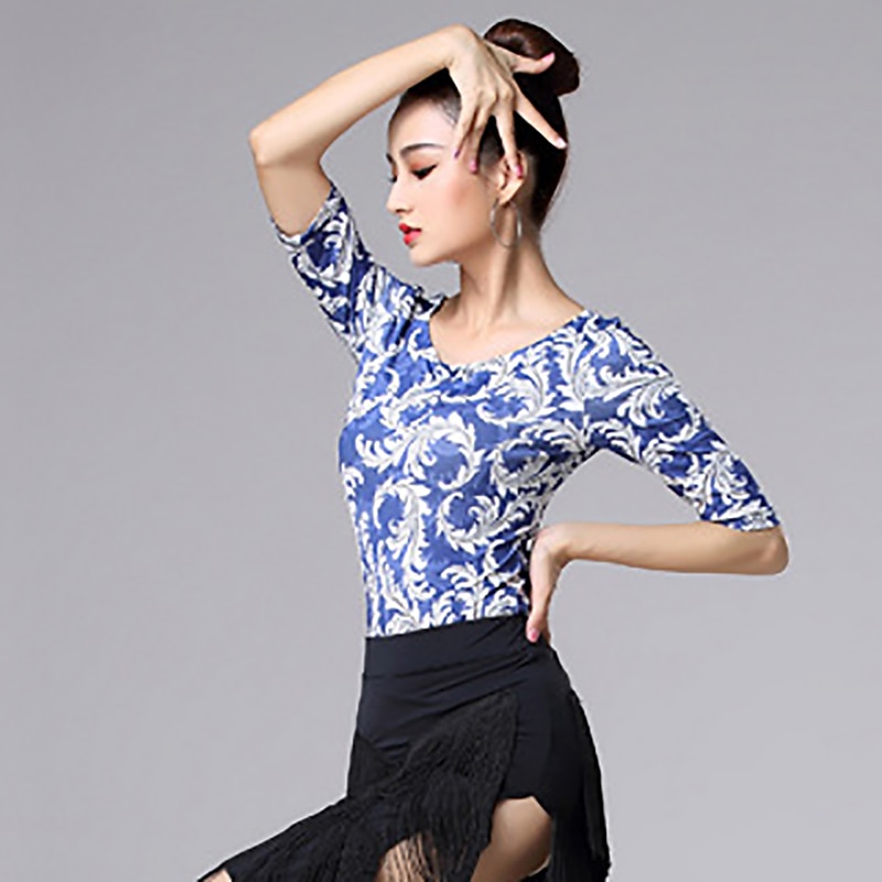 Latin Dance Ballroom Dance Top Printing Splicing Women's Performance Training Half Sleeve High Polyester3