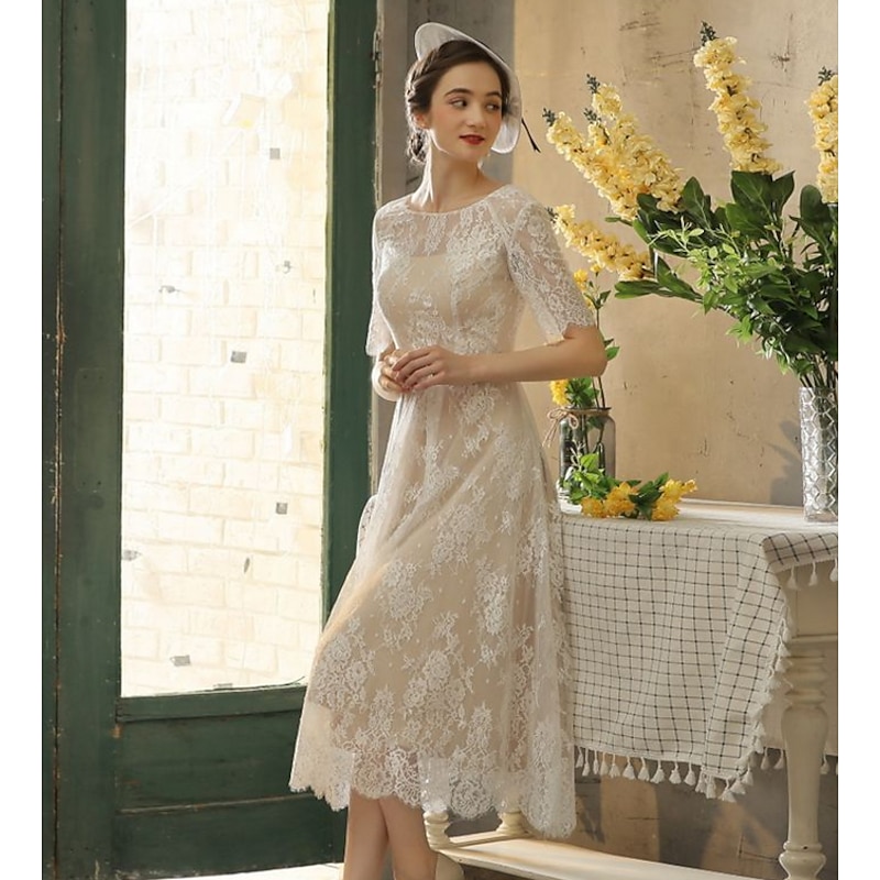 Reception Little White Dress Bridal Shower Dresses Wedding Dresses in Color Wedding Dresses A-Line Illusion Neck Half Sleeve Tea Length Lace Bridal Gowns With Sash / Ribbon Appliques