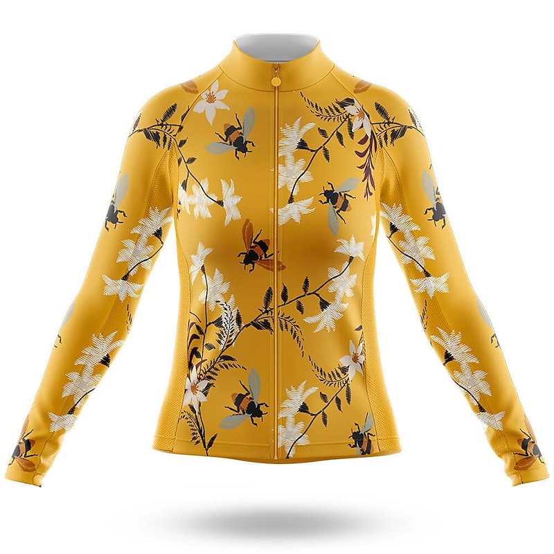 Women's Cycling Jersey Bee 3D Floral Botanical Long Sleeve Bike Jersey Top with 3 Rear Pockets Mountain Bike MTB Road Bike Cycling Quick Dry Reflective Strips Back Pocket Moisture Wicking Sports